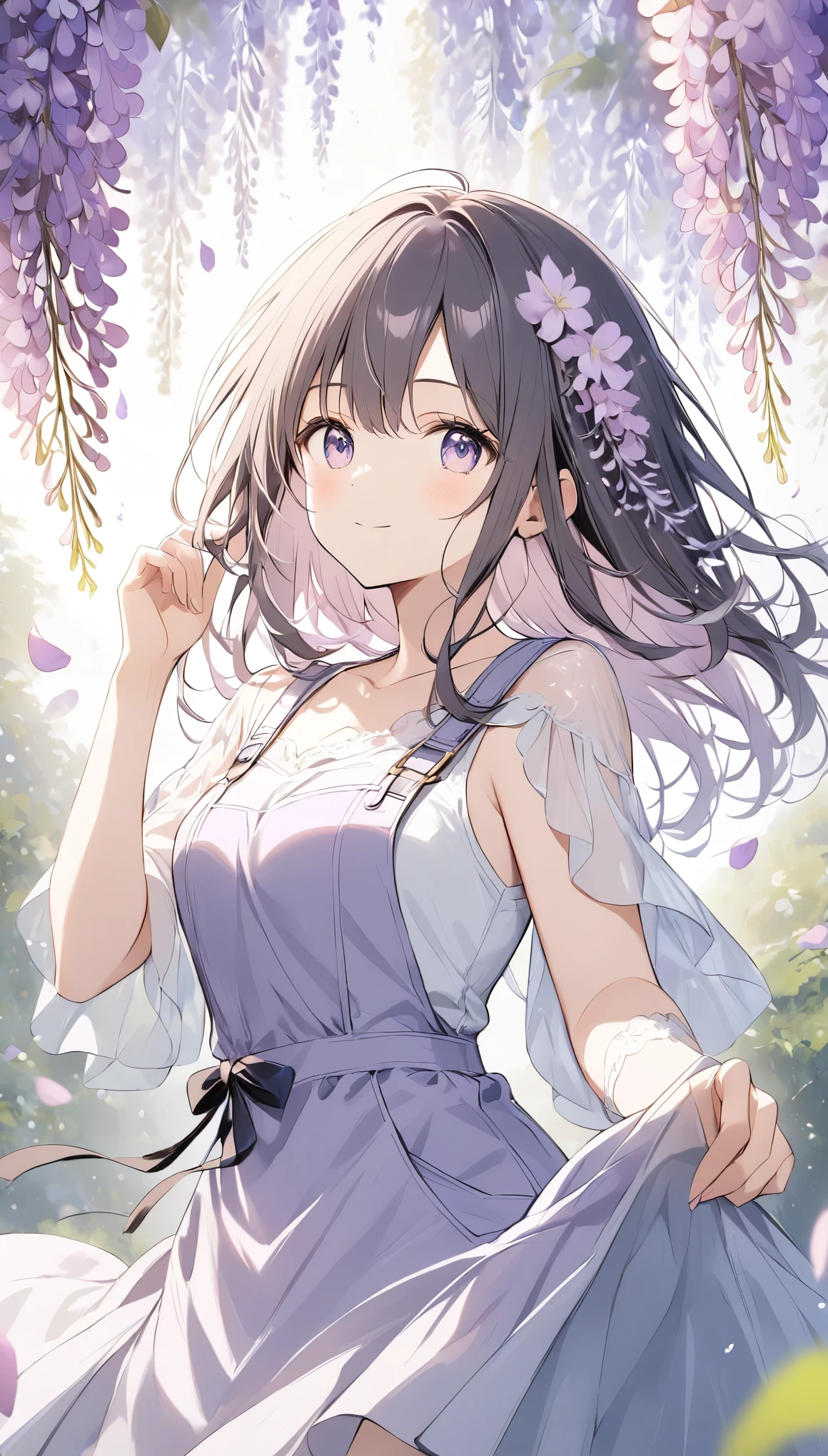 The pale lines and soft colors create a dreamy, ephemeral impression..,Wisteria flowers in full bloom、A work with an overall purple theme、One girl、Put one hand forward、Wisteria petals falling on the palm of my hand、Flower storm、Breathtaking creations