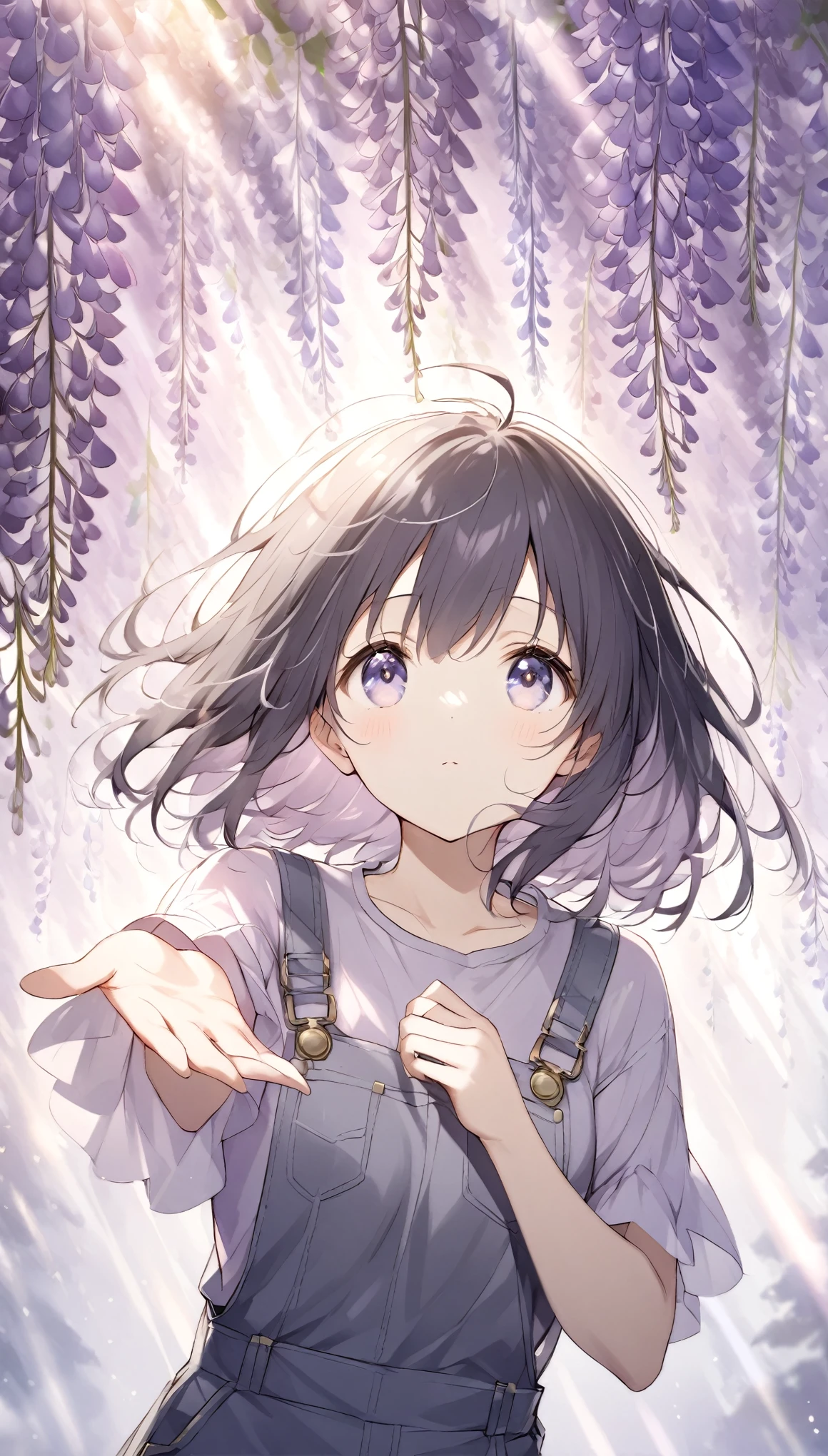 The pale lines and soft colors create a dreamy, ephemeral impression..,Wisteria flowers in full bloom、A work with an overall purple theme、One girl、((Put one hand out in front of you and look up))、Flower storm、Breathtaking creations、Light effects、Sunlight filtering through the trees、Blurred Light