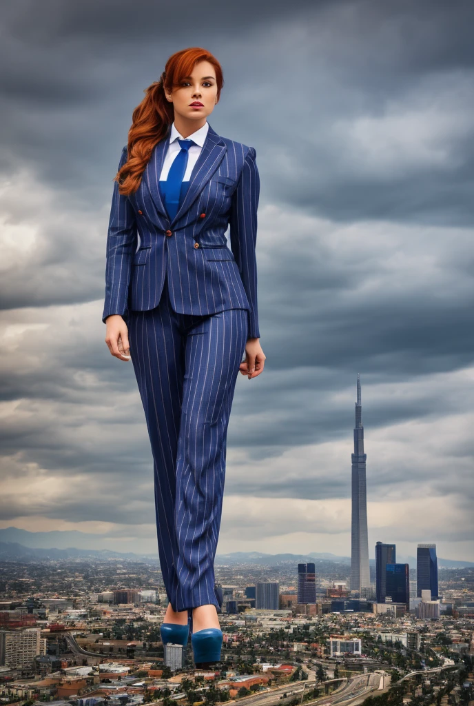 Giantess art, tera giantess in distance walking on countries, young women with beautiful curves, massive thighs, ginger hair, lipstick, wearing a perfect form-fitting loght grey pinstripe trouser suit and blazer, crisp white shirt with large spread collar, large blade width Windsor knot blue tie, with massive breasts. She is wearing platform high heels A towering woman looking at viewers, Her toned and she lean and slender body. She seems to be casually strolling through the bustling cityscape of LA City, as towering buildings loom overhead. Smoke and clouds roil around her, adding to the sense of epic scale and drama. The lighting is dark, gloomy, and realistic, creating a tense and ominous atmosphere. The perspective is from below, emphasizing the sheer majesty and power of the A towering Giantess. This image is highly detailed, photorealistic, best quality, a masterpiece, with cinematic lighting, ultra-detailed, long ponytail hair with front bangs, high altitude photography, satellite view, a curvy figure, heaving bosom, legs, a stepping on mulitple mega city,, destruction, buildings, roads, a cloudy, overcast, hazy atmosphere, and wispy clouds. Pov