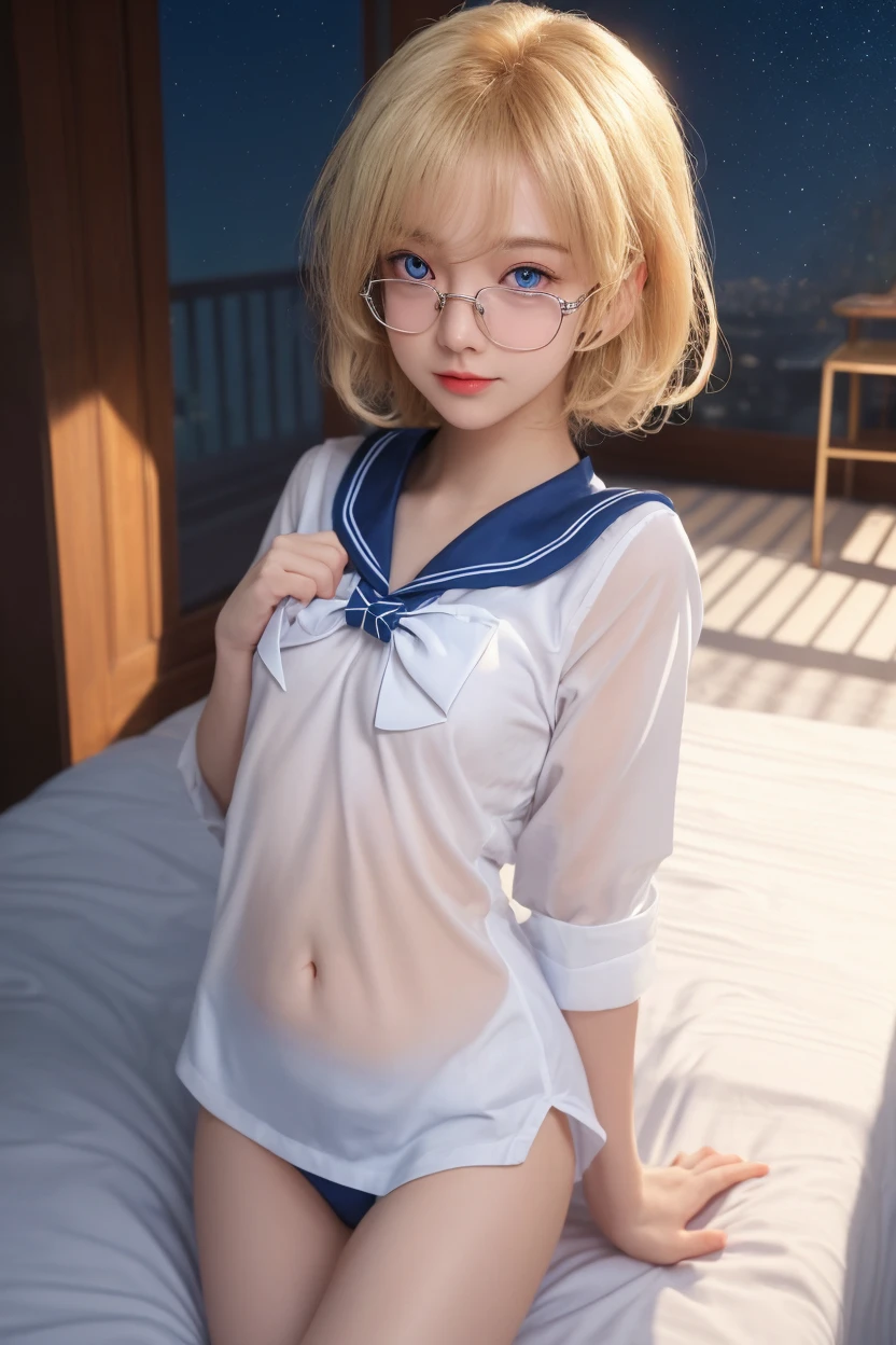 finest, masterpiece, High resolution, A pretty 20-year-old girl with a young face and a young man with an erect penis、close up of face、sailor suit、all the buttons on the jacket are undone、nipples are visible.（small nipples、Areolas are a natural pink color）、small breasts（:2.0）blonde hair、Embarrassed and crying expression、lie on your back、beautiful pussy（Pubic hair is starting to grow）、Insert a young man&#39;s penis into your pussy（have sex in the pussy）、Dynamic angle from above、Unstoppable moaning、heavy breathing、sweaty bangs、I feel it and open my legs、climax、