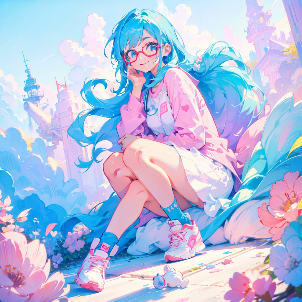 A cool beauty and colorful sneakers、pastel colour、Highest quality、An illustration、Great quality、OK、High resolution、8k wallpaper、Perfect dynamic composition、Cute 20 year old、Beautiful face in every detail、Small and cute eyes、Fine skin、(Red glasses)、Small breasts、smile