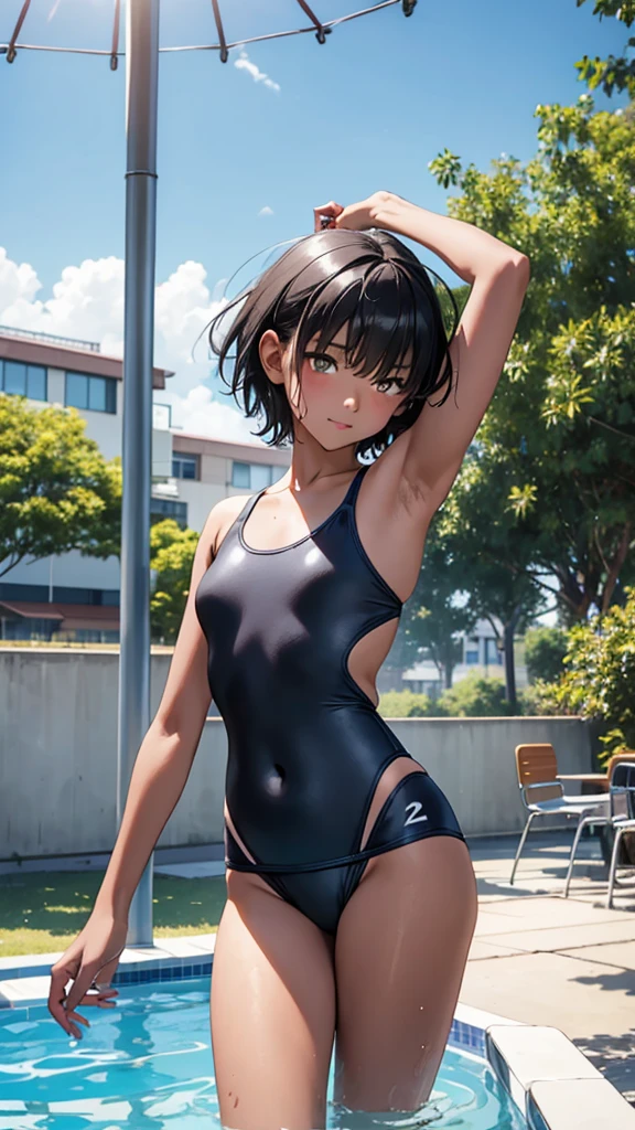 Highest quality、Realistic、、zoom、Primary school students、Girl、look up、cute、Light grey eyes、Black Hair、Armpit hair、short hair、Tanned brown skin、Dark Skin、School Swimsuit、Navy blue swimsuit、Sweat、Shy laugh、Stretching out the tongue、Flat Chest、Bust Shot、thin、Pool