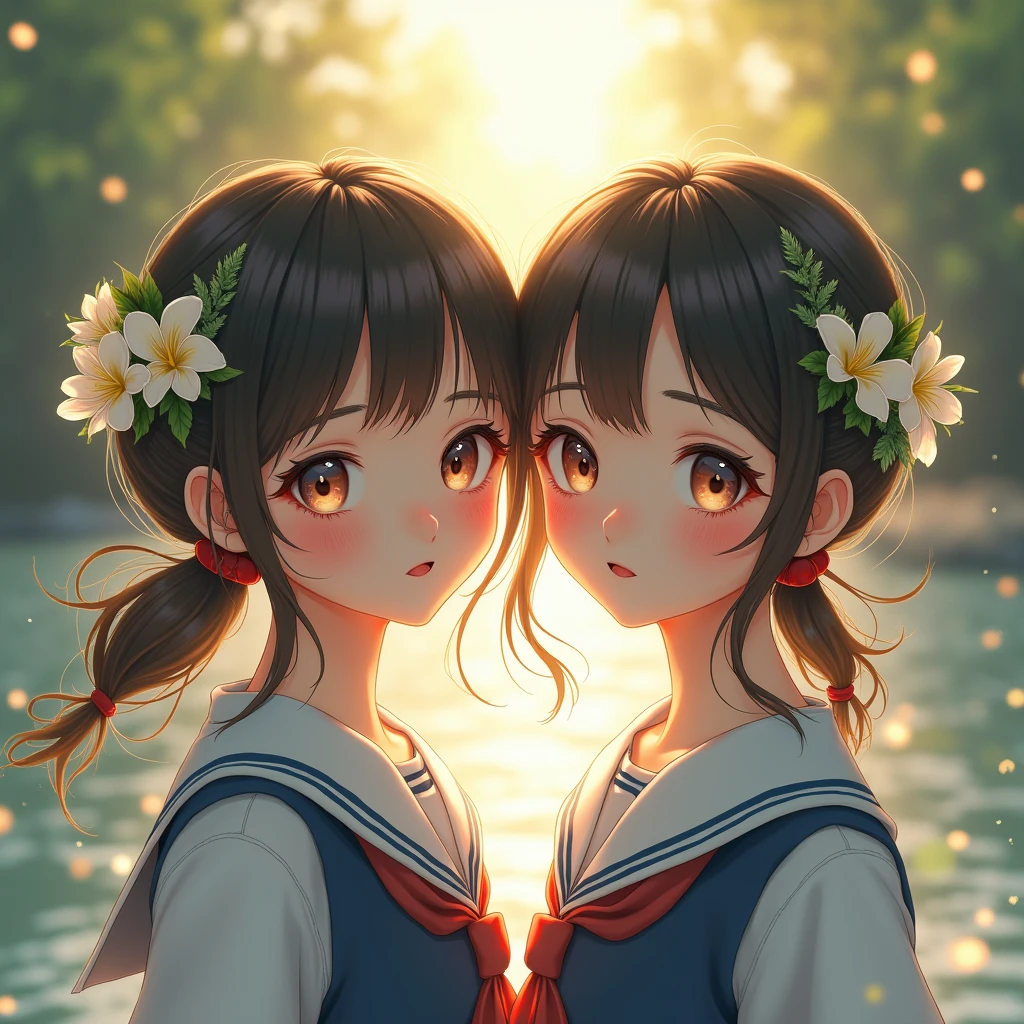 ((SFW、David Hamilton:1.37, White and vivid colors))、(Tiny Oppai-Loli Twins:1.37)、{(Dynamic-angle)|(from side)|(from back)|(from below:1.2)}、{(((Kissing face to face)))|(Standing Full Body:1.2)|Wide Shot}、{(Floating hair:1.2)|(Strong wind)|(Ass focus)}、zydG、8K best quality、((Masterpiece:1.2、Photo-realistic:1.47)), ( kodachrome | realistic | photorealistic | RAW )、((Detailed KAWAII Face、Detailed Oily Porcelain skin textures、Extremely Detailed))、(brilliant Shining Perfect eyes)、Smooth shading、{Zoom Layer|clear focused}、Soft Lighting with many Follow lights、{Childish|Gigantic Cleavage:1.37}、((school uniform with white tiny panties:1.37))、{Flowers|Flower wreath|ssmile|perplexed|seductiv|Different types of hair colors}、{(Light Particles:1.2)|(Lens Flare)|(Luminescent Particles:0.6)}、{Forest Lakeside|Lakeside Cottage|Before dawn|magic hour|morning glow|foggy}、((Whole Body proportions and all limbs are anatomically accurate, no extra limbs)) .