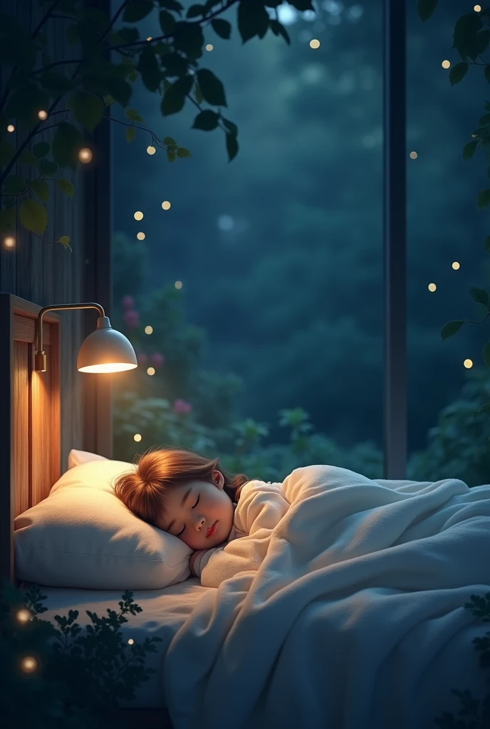 1. Scene 1: in Bed
- Prompt: A cozy bedroom with a girl named Sera sleeping peacefully in her bed. The room is softly illuminated by moonlight streaming through a window.