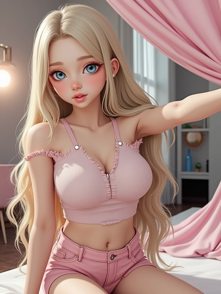 1 kawaii gamer girl, nsfw, japanese girl, solo, bright aqua eyes, eyelids, blush, seductive smile, naughty expression, red lips, hair bangs, smooth long hair, blonde hair, pink ribbon hairband, heart earings, collar, collarbone, sexy body, slim waist, navel, natural nude huge tits, cleavage, flat chest, cleavage, erotic pose, looking at viewer, flat green background, upper body , nude huge tits, big ass 