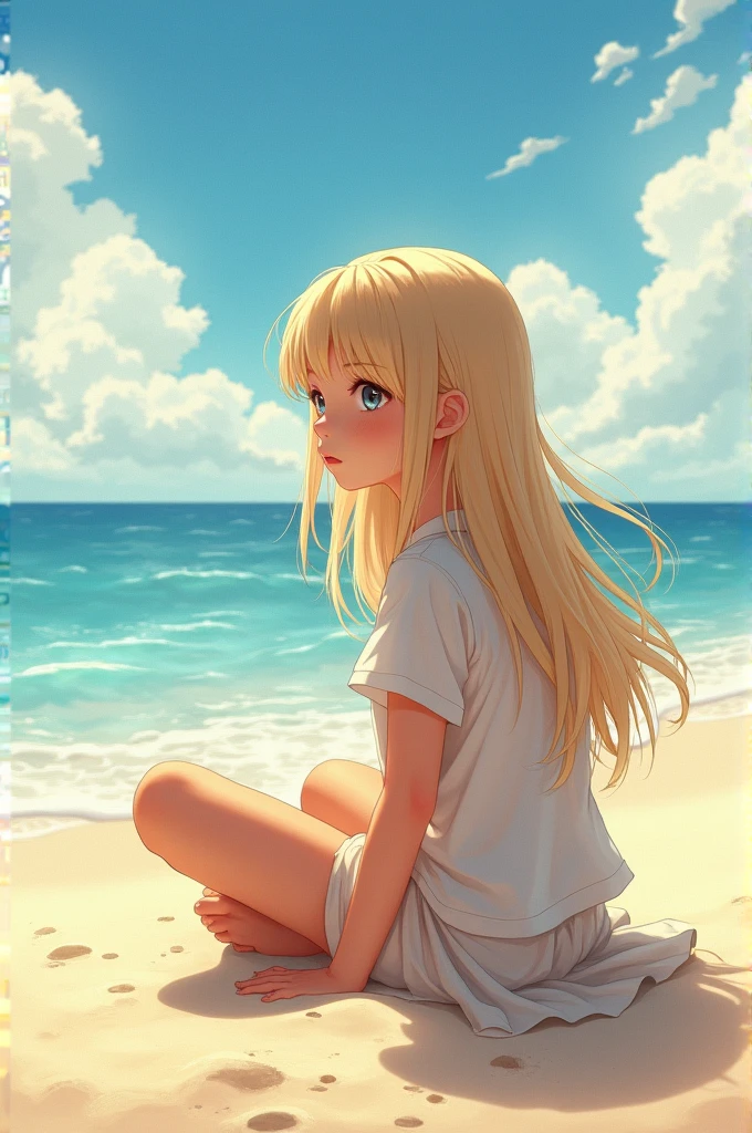 Una linda camisa blanca que la deja ver. 、Falda de vuelo celeste con volantes、Se levanta la falda con ambas manos para lucir su linda ropa interior blanca.、Linda ropa interior blanca visible cuando se levanta la falda.、Playa de arena, Mar hermoso, noche y cielo estrellado