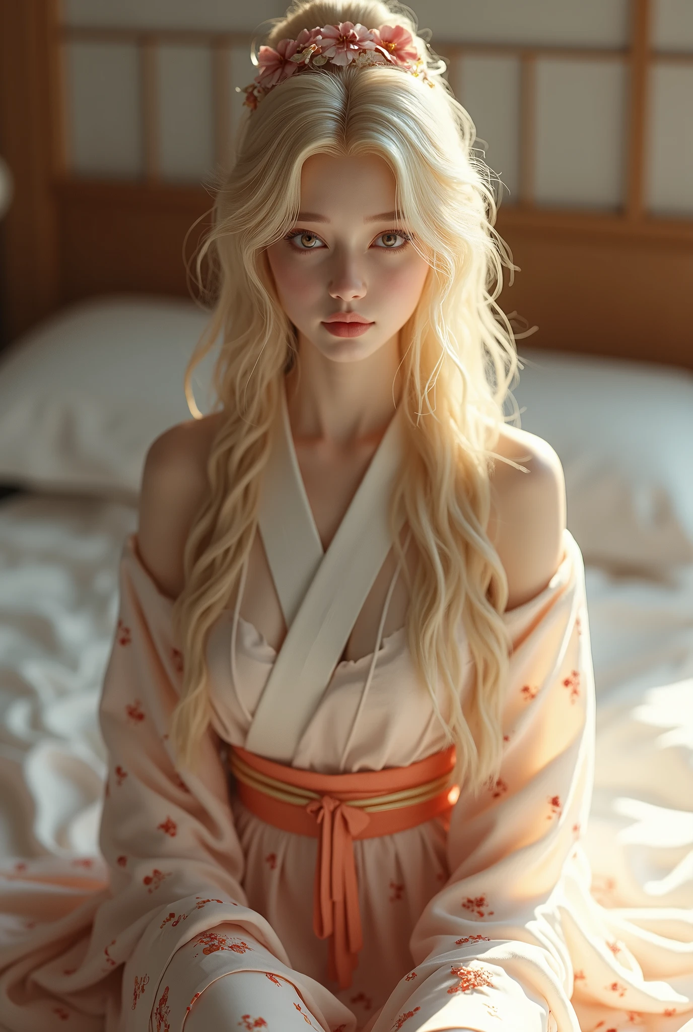Beautiful girl, detailed blue eyes, detailed facial traits, inside a temple, open orange monk robe, white hair, naked breasts