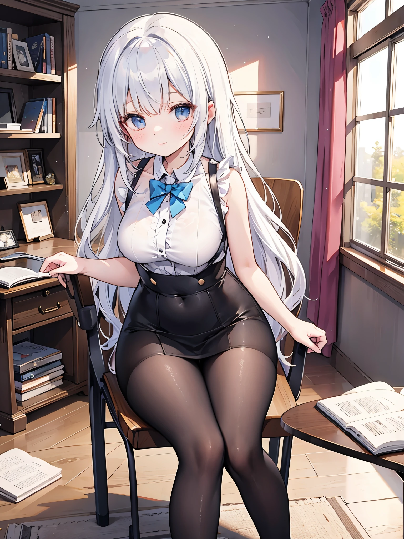 ((Best Quality, 8k, masterpiece: 1.3)),people間の女の子,1people,1peopleで,((Petite,Glamorous Body,Curvy)),cute,(((My Room,At the desk,I sit in a chair and study tomorrow's homework.,Many posters on the wall,There are lots of figurines on the shelves.))),((A little sleepy look)),((Black Hair)),Long Hair,Beautiful emerald green eyes,