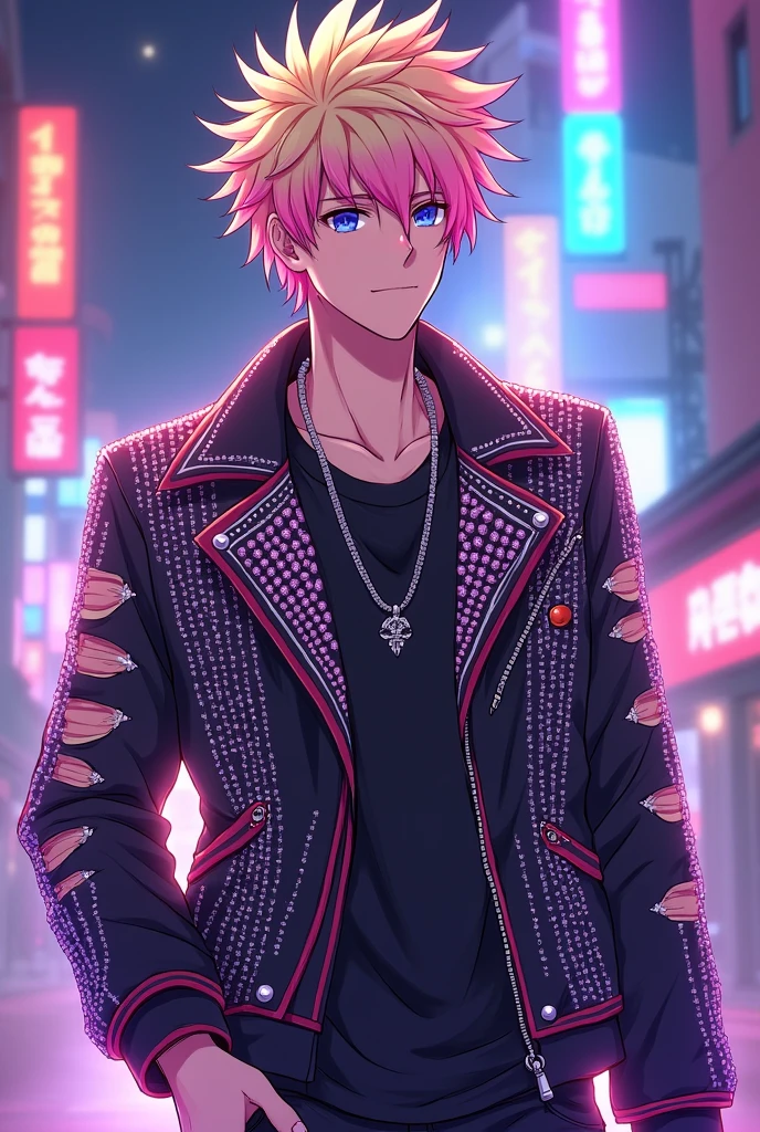 anime sexy guy, bright pink hair, earrings, chains and rings, interesting posture, plaid shirt