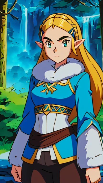 (Teens:1girl: pricess zelda, nintendo, the legend of zelda, botw), (extremely detailed CG unit 8k wallpaper),(master part), (best quality), (ultra detail), (best illustration),(digital art), standing, neutral pose, cowboy shot, (Sharp eyeliner, ombre, detailed eyes:1), Snowy forest, outdoor, ,break , (Pokemon Style), upper body, (fur trim, fur trimmed coat)