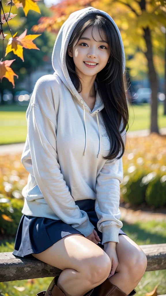 masterpiece, Ultra-high resolution, 4K, Best Quality, 1 person, ((whole body)), Beautiful and exquisite face, Beautiful, smooth skin, Skin Texture, 1, Baby Face, smile, autumn leaves, Hair that falls over the shoulders, Navy Blue Hair, boots, mini skirt, hoodie