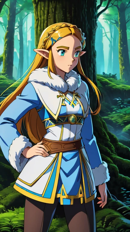 (Teens:1girl: pricess zelda, nintendo, the legend of zelda, botw), (extremely detailed CG unit 8k wallpaper),(master part), (best quality), (ultra detail), (best illustration),(digital art), standing, neutral pose, cowboy shot, (Sharp eyeliner, ombre, detailed eyes:1), Snowy forest, outdoor, ,break , (Pokemon Style), upper body, (fur trim, fur trimmed coat)