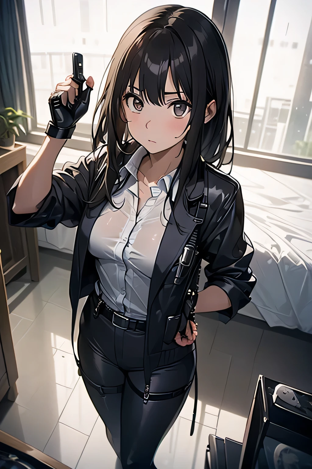 1 female, , high quality, masterpiece, Ultra-high resolution, , Cinema Lighting, , , And the suspenders with the cranes flying　　　Large Breasts　 　 　　　　Small face　 　　　holster　　　　　　　 Lying in bed　Looking up　　　　Sweat 　　　belt　summer　脇Sweat 　Black Hole Gloves　suit　shirt　　Black jacket　 Black trousers　Leg Links　ズボンにbelt　　holster　 　　Hands behind your back　 Anxious expression　Looking up　Anxious face, legs apart　Armament　Handgun　handcuffs　Cable ties　レッグholster　holster　See-through clothing　heavy rain　Getting wet in the rain
