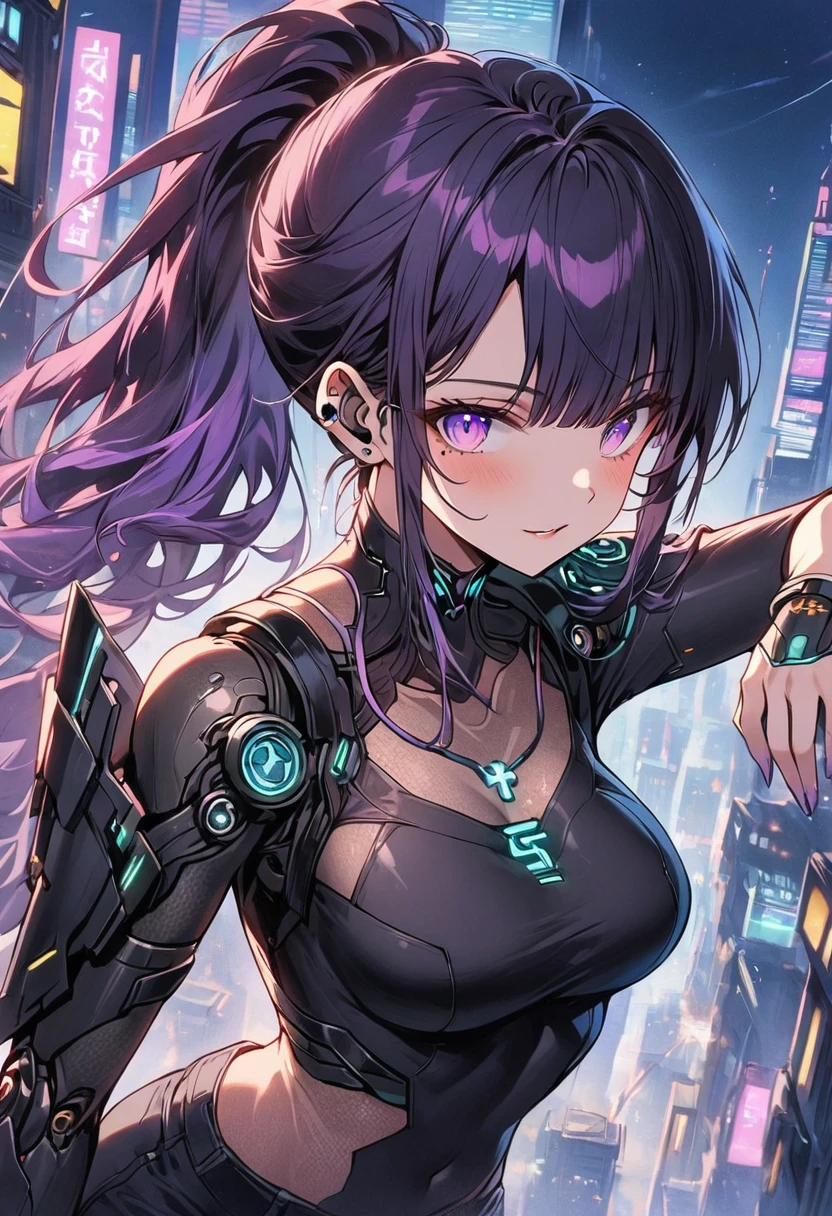 a futuristic female warrior holding a katana, (Delicate skin), pale skin, (in a deep neckline highly detailed sexy futuristic cyberpunk black crop top and underpants made of circuit boards, Japanese word with flare effect, beautiful epic work, futuristic, masterpiece, attractive, Posing for photos
