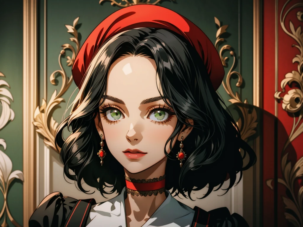 MarieP4, headshot, black hair, bright green eyes, forehead, red choker, solo, hat, short hair, red choker