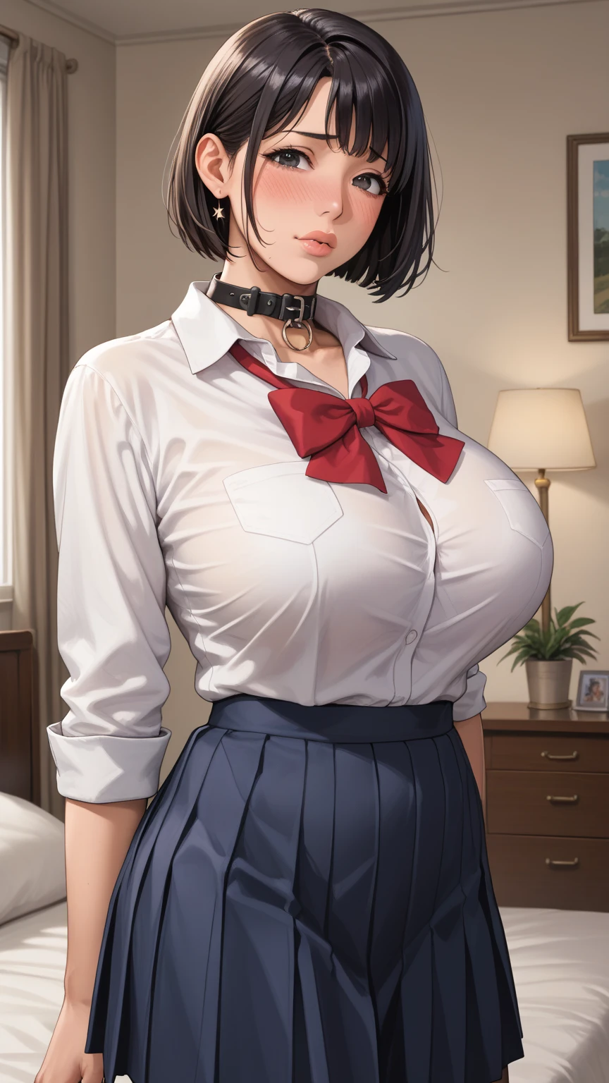 (1girl:1.3), Masterpiece, Best quality, amazing beauty, 4K, absurdres, finely detail, super detailed eye, perfect anatomy, official art, cinematic lighting, BREAK, bedroom, silky bob cut, black hair, super shiny detailed black eye, tareme, plump lips, collar, embarrassed, shy face, BREAK , huge breasts, portly, white skin, Are standing, BREAK , (school uniform:1.2), BREAK,()				