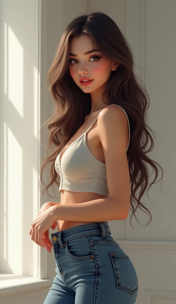 a beautiful young japanese woman with large breasts, smiling, anatomically correct, highly detailed, 8k, photorealistic, cinematic lighting, intricate detail, delicate skin, flowing brown hair, cute japanese idol, cropped tube top, no shoulder straps, narrow top