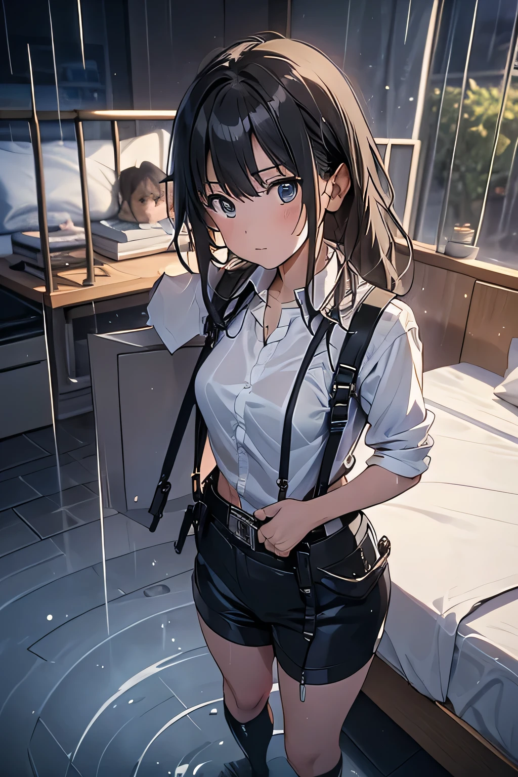 1 female, , high quality, masterpiece, Ultra-high resolution, , Cinema Lighting, , , And the suspenders with the cranes flying　　　Large Breasts　 　 　　　　Small face　 　　　holster　　　　　　　 Lying in bed　Looking up　　　　Sweat 　　　belt　summer　脇Sweat 　Black Hole Gloves　suit　shirt　　Black jacket　 Black trousers　Leg Links　ズボンにbelt　　holster　 　　Hands behind your back　 Anxious expression　Looking up　Anxious face, legs apart　Armament　Handgun　handcuffs　Cable ties　レッグholster　holster　See-through clothing　heavy rain　Getting wet in the rain
