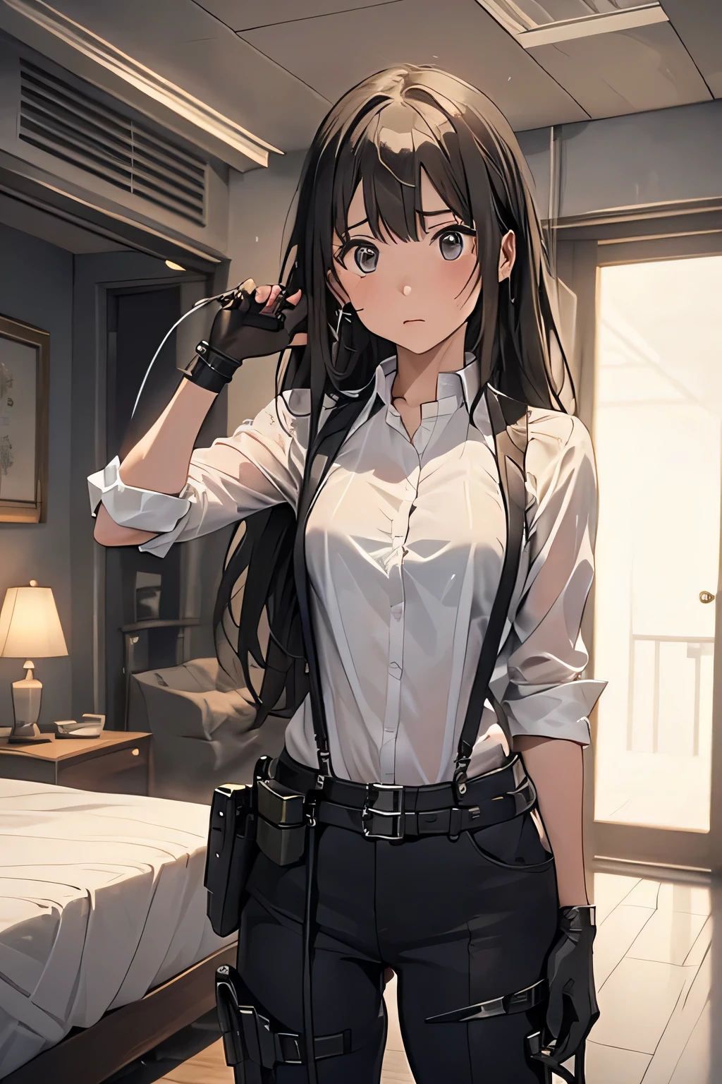 1 female, , high quality, masterpiece, Ultra-high resolution, , Cinema Lighting, , , And the suspenders with the cranes flying　　　Large Breasts　 　 　　　　Small face　 　　　holster　　　　　　　 Lying in bed　Looking up　　　　Sweat 　　　belt　summer　脇Sweat 　Black Hole Gloves　suit　shirt　　Black jacket　 Black trousers　Leg Links　ズボンにbelt　　holster　 　　Hands behind your back　 Anxious expression　Looking up　Anxious face, legs apart　Armament　Handgun　handcuffs　Cable ties　レッグholster　holster　See-through clothing　heavy rain　Getting wet in the rain

