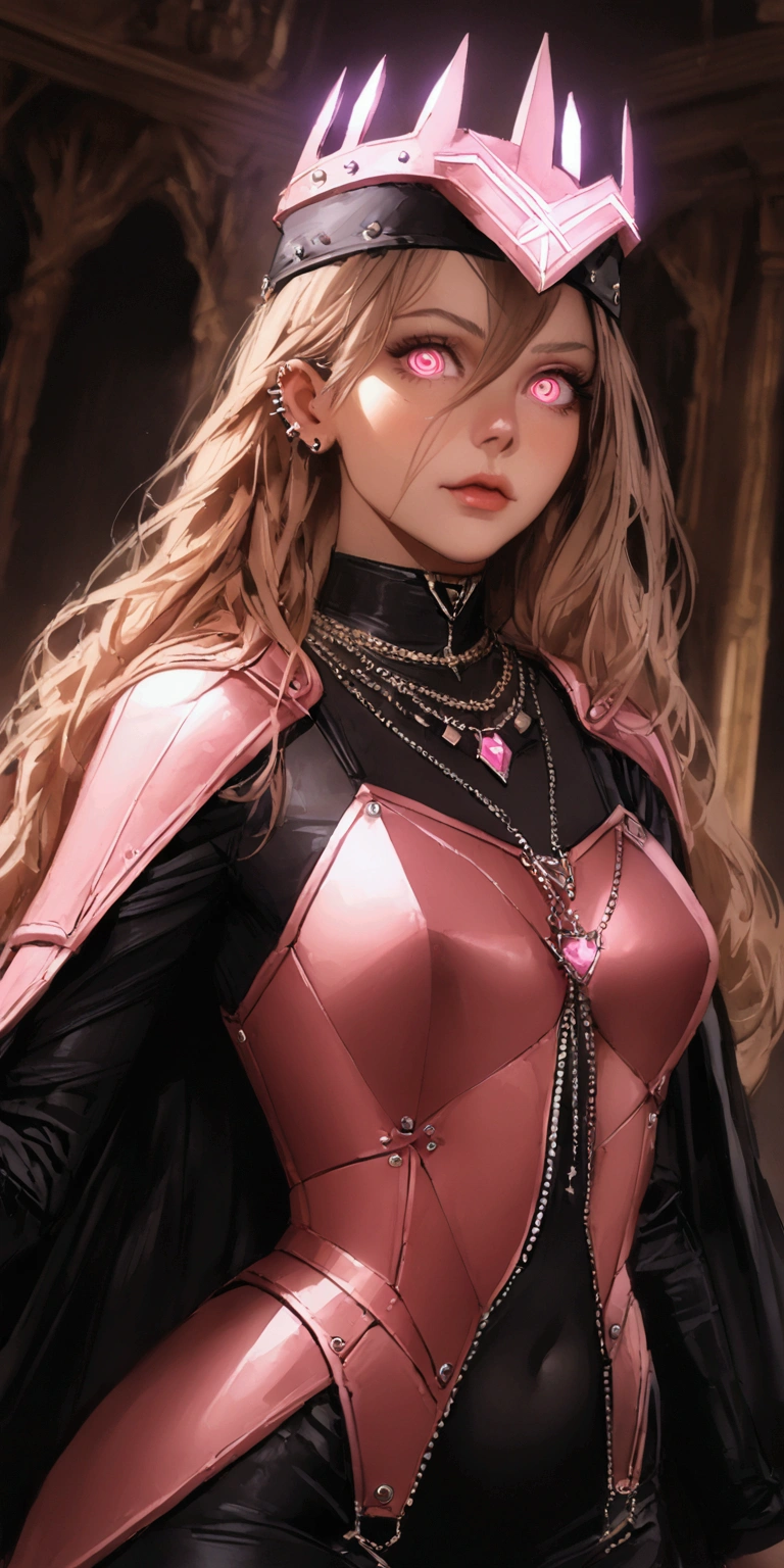 Top quality, masterpiece, ultra high definition, Original photo, 1 Girl, ((slim body)), ((wavy sardine)), cinematic lighting, very long hair, detailed eyes, wind, necklace, piercing, ((metallic cospaly)), ((ironic outfit)), ((pink armor)), ((electric cape)), ((waist)), ((queen helm)), ((glowing neon)), ((realistic)), in the palace, night weather, cinematic pose,