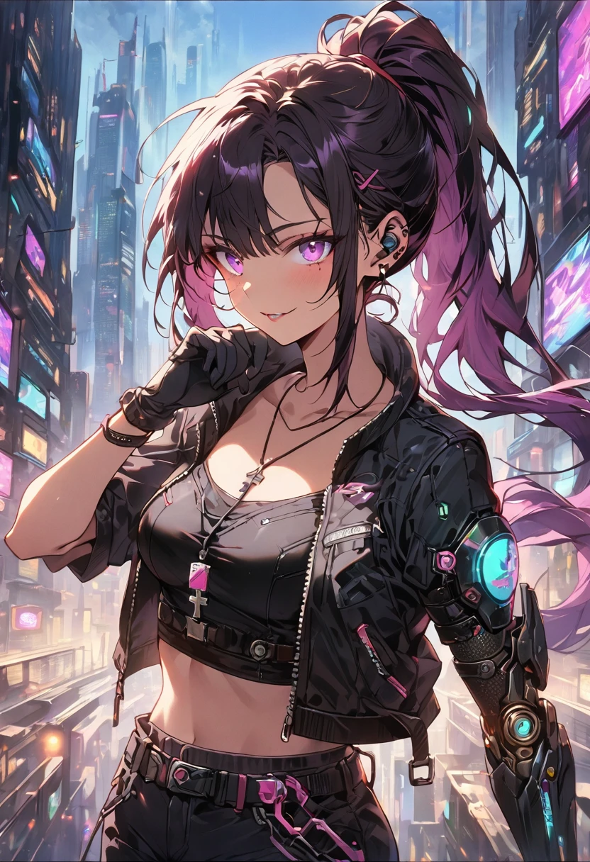 (uncensored), score_9, score_8_up, score_7_up,source_anime, high quality, exceptional, best quality, perfect hand, 1 girl, (solo), looking at viewer, detailed face, detailed glowing eyes, Detailed hands, (4_fingers+1thumb on hand), beautiful_female_fingers, ((android)), (((ponytail))), (dark), ((grey crop top)), ((black g-string panties)) , (middle size breasts), ((designed black jacket)), ((wearing short pants, black long tights)), (((neckless of cross, her mechanical right arm have cyberpunk weapon))), ((standing on rooftop of building surrounded by building in cyberpunk city, midnight)), sparkle, no hair clip, purple hair, purple eyes visible through hair, (cyberpunk near future city), a lot of building