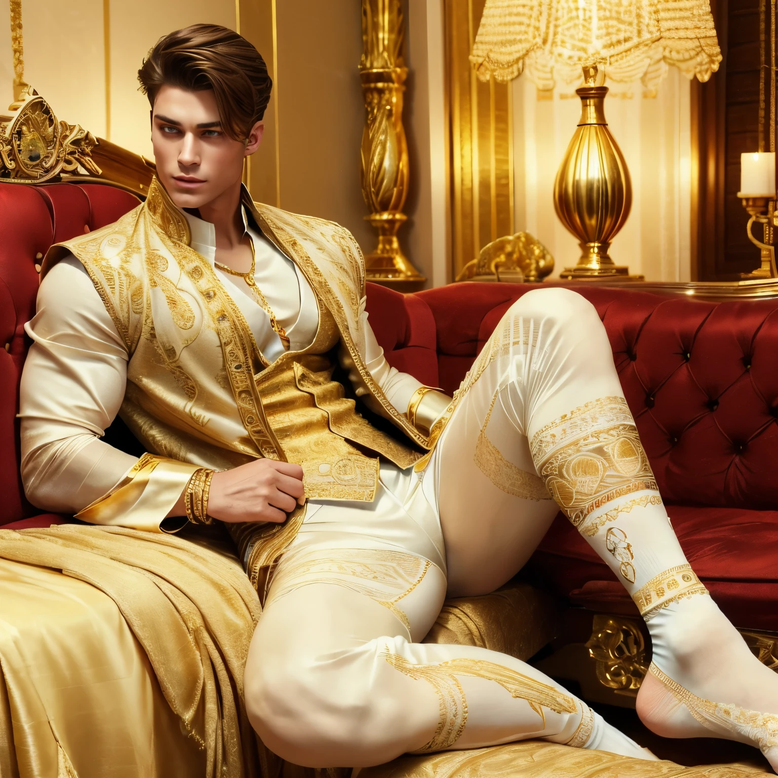 full body view photo, a young male model, blue eyes, brown hair cut fashion undercut, strong jawline, complex, muscular, handsome, looking like an odiously arrogant prince, wearing luxurious gold embroidered clothes, vest, pants, slumped on a comfortable sofa, in his socks, no shoes. He wears white lace sheer socks with gold embroidery, dozens of gold rings, bracelets, necklaces, gold jewelry. Luxurious living room, naughty hot style. Socks must be seen