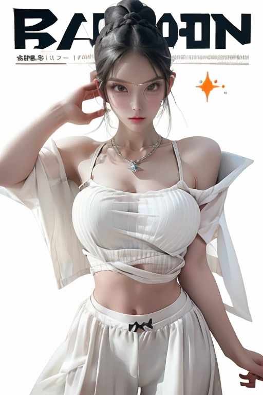 (Magazine Cover:1.3),Urzan-6500, (Realistic: 1.3) (original: 1.2), masterpiece, Highest quality, Beautiful and clean face, whole body, 1 Female, very large burst breast, wearing glasses,(Wearing a black, white  headphones with complex electronics), Wearing a black tank top and orange pants with buckles and tape, (Crystal Necklace), pose for a photo, (very long White braided hair bun),