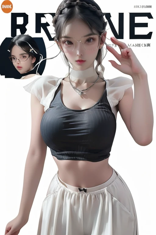 (Magazine Cover:1.3),Urzan-6500, (Realistic: 1.3) (original: 1.2), masterpiece, Highest quality, Beautiful and clean face, whole body, 1 Female, very large burst breast, wearing glasses,(Wearing a black, white  headphones with complex electronics), Wearing a black tank top and orange pants with buckles and tape, (Crystal Necklace), pose for a photo, (very long White braided hair bun),