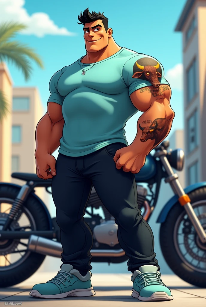 Alex the Lion, muscular body, big biceps, six pack abs, perfectly beautiful and cute face, perfectly detailed blue eyes with perfectly detailed pupils, shirtless, denim cargo shorts, sneakers, outdoor background, posing for the cover of a magazine, sotting on the motorcycle, friendly look, cute smile