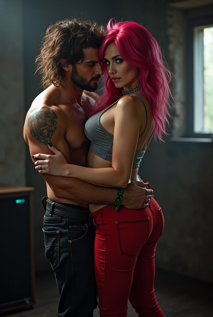 Two people, tiny young toned woman, vibrant maroon long wavy side-parted hair wearing a red/black bra and red/black panties. Behind her, an extremely tall 33-year-old attractive Arabic male model, short platinum blond textured short cut swept-back, long black stubble, brown skin, lean body, hands on her hips. Inside a modern black chic bedroom, low lighting.