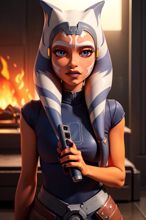 (masterpiece, best quality, ultra-detailed), AhsokaTano, (orange skin:1.2), hearth pink eyes, makeup, (blue shirt:1.2), hip armor, (portrait shot, upper body), looking at viewer, ultra sexy face, ahegao,mindcontrol,slutified ashoka,full body view, mind control phone app