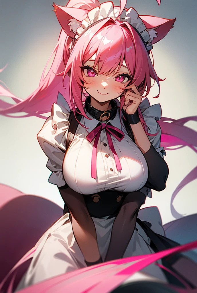 (Original Character、Unity 16K Wallpaper, Masterpiece, Best Quality, Ultra-Detailed, Extremely Detailed CG, Caustics, Cinematic Lighting, Detailed, Beautiful Detailed Eyes, solo,sexy women), Ultra High Resolution, fine skin, (maid, maid apron, maid headdress), (strong light)、oily skin,curby:1.2,,cowboy shot,sexy women,wavy hair, above chest:1.2,little devil face,large breasts,pink hair