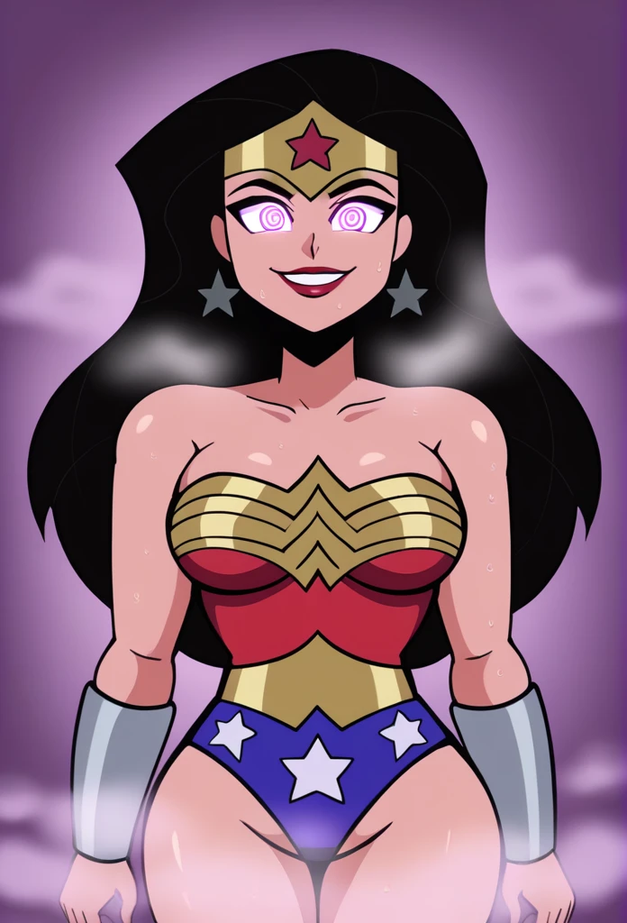  best quality,  source_cartoon, looking at viewer, simple background, portrait, smile, teeth,  wwjl, 1girl, long hair, breasts, lipstick, black hair, bare shoulders, jewelry, earrings, lasso, lasso of truth, wonder woman, vambraces, strapless, boots, star, (symbol), leotard, tiara, red footwear, bracer, star earrings, high heel boots, star print,Breasts, Large breasts, Breasts, Large breasts, Breasts, Mind controlled,hypnotized, spirl eyes,sweaty, smell fog, stinky,hypnotized eyesMind controlled,hypnotized, spirl eyes,sweaty, smell fog, stinky,hypnotized eyes