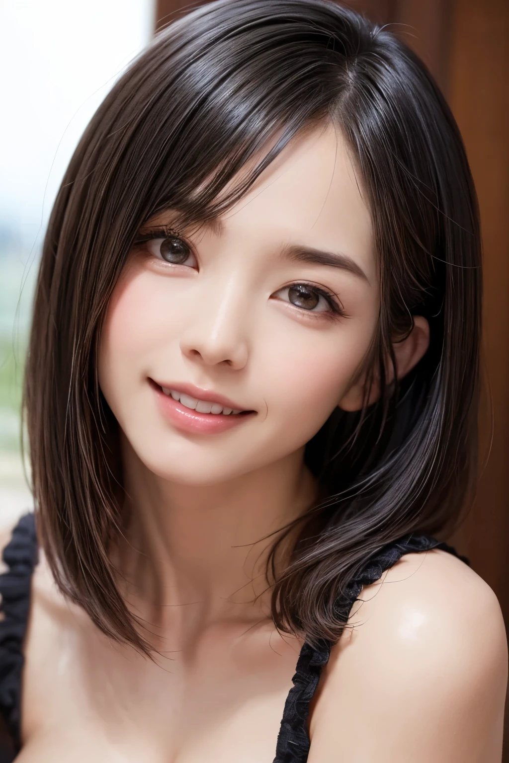 (UHD, retina, masterpiece, ccurate, anatomically correct, textured skin, super detail, high details, high quality, best quality, highres, 1080P, HD, 4K, 8k, 16k), (beautiful detailed eyes, beautiful detailed lips, extremely detailed eyes and face), studio lighting, physically-based rendering, vivid colors, (large breasts, glamorous body), (simple shirt dress), (portrait, shiny hair, shiny skin, blush), (park, bokeh), eye reflection, jet black hair, (smile and laugh:1.5),