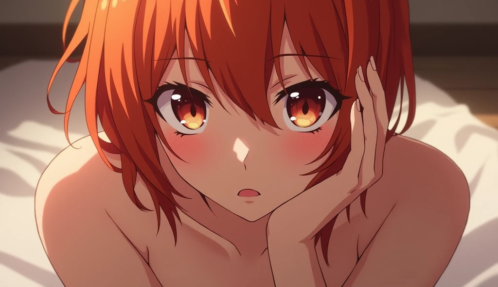 masterpiece, best quality, ultra-detailed, illustration, an extremely delicate and beautiful, cute, 1girl, solo, orange hair, brown eyes, simple background, upper body, bust up shot, beautiful clavicle, cleavage, not dressed, shirtless, completely, Composition from the chest up,like ID photo, no clothes, no underwear,Beautiful eyes, delicate eyes, complicated eyes, nsfw