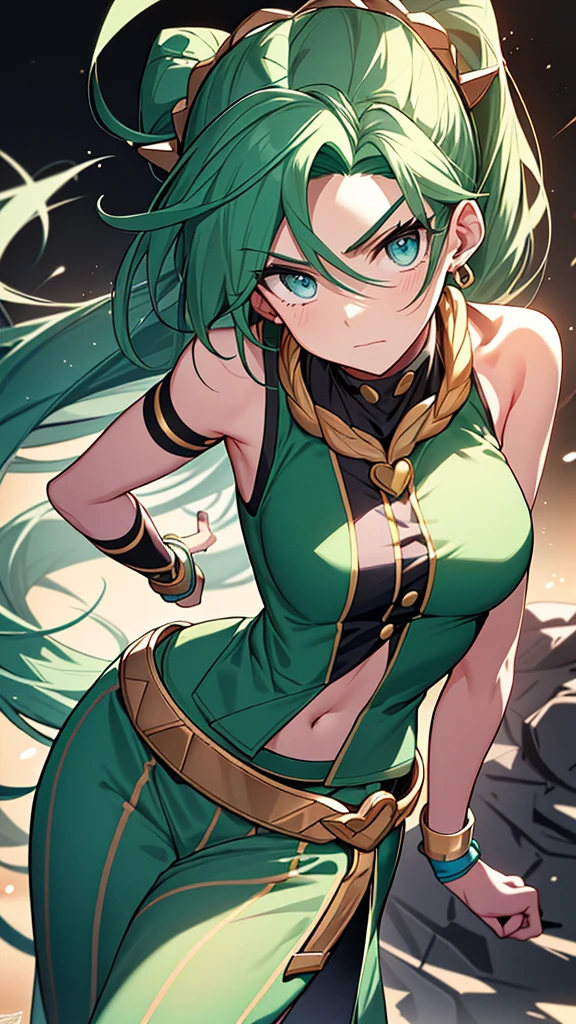 Giantess ((Morgiana from Magi)) fierce and playful (masterpiece best quality) sharp smile, eyes glowing with strength (real picture intricate details) (1 lady solo tall and athletic figure) long red hair, bright green eyes (tight warrior outfit, emphasizing her toned, muscular form) towering over a tiny opponent, her hand gently holding his wrist, the vast difference in their power making her feel a deep, exhilarating thrill. She enjoys the playful battle, her heart racing with the joy of her dominance. Background: Quiet, ancient desert, the air filled with the scent of sand and adventure.

