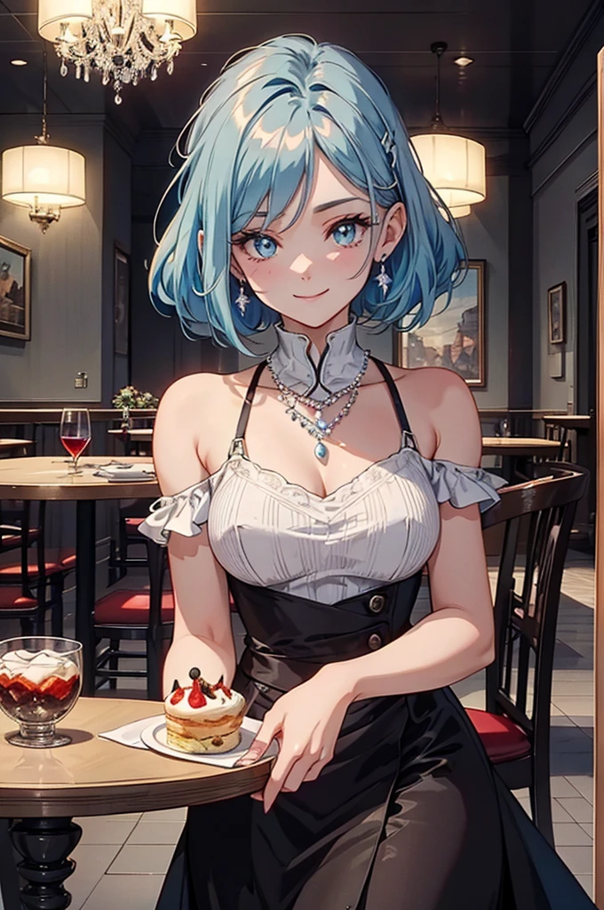 vibrant colors, mature female, masterpiece, sharp focus, best quality, depth of field, cinematic lighting, (anime screencap:1.4), hairpin, black hair, gray eyes, white pearl necklace, elegant clothes, smile, food, drinks, table, delicious-looking dishes, desserts, wine glasses, gorgeous bouquets, decorations, Inside the restaurant with a luxurious atmosphere, table cloth, chandelier, candle, silver hair, cyan eyes, lake, bare shoulders, colored inner hair, lake, stone, saidwalk, night sky, moon, reflective water, landscape,