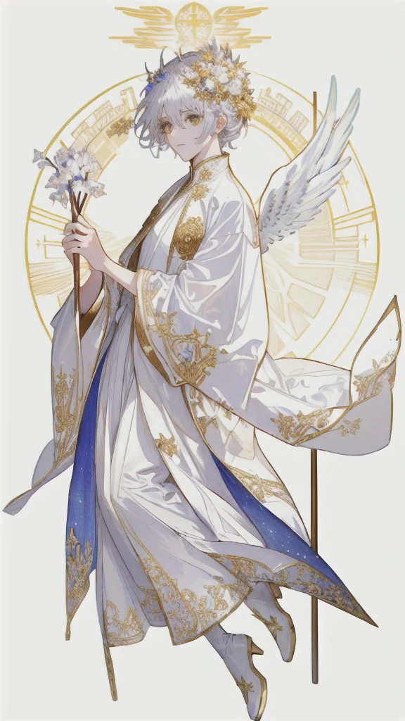 Golden star々Animated angel holding a long stick, Flowing white robes, Golden and white robe, A delicate androgynous prince, White and gold maiden robe, gold and white cloak, ((Beautiful fantasy angel)), Alphonse Mucha and Rosdrose, Dressed like a priest, Beautiful angel, Gold and white robes, Dressed in a white robe,((male)), Beautiful large wings on the back,Character portrait, Full body view, Overall view, Simple Background, White heeled short boots, (()), Shortcuts, Gray Hair, 