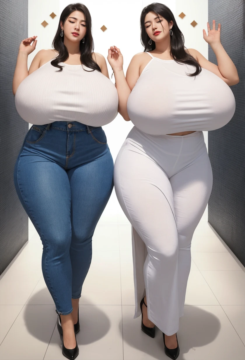 Photorealistic, mom and daughter (1.8), detailed photo, RAW photo, hourglass figure, beautiful eyes, attractive face, smiling, long hair, full body (1.5), front view, Curvy body latina women, naked, saggy breast, huge butt, ((wide hips)), thick legs, wet skin, sexy pose, seductive lust pose, posing on bed, lying 