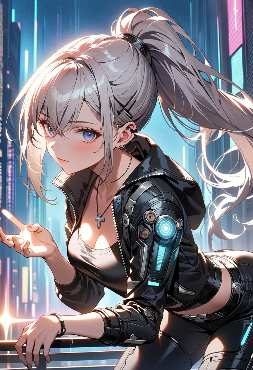 (uncensored), score_9, score_8_up, score_7_up,source_anime, high quality, exceptional, best quality, perfect hand, 1 girl, (solo), looking at viewer, detailed face, detailed glowing eyes, Detailed hands, (4_fingers+1thumb on hand), beautiful_female_fingers, ((android)), (((ponytail))), (dark), ((grey crop top)), ((black g-string panties)) , (middle size breasts), ((designed black jacket)), ((wearing short pants, black long tights)), (((neckless of cross, her mechanical right arm have cyberpunk weapon))), ((standing on rooftop of building surrounded by building in cyberpunk city, midnight)), sparkle, no hair clip, beautiful silver hair, blue eyes visible through hair, (cyberpunk near future city), a lot of building