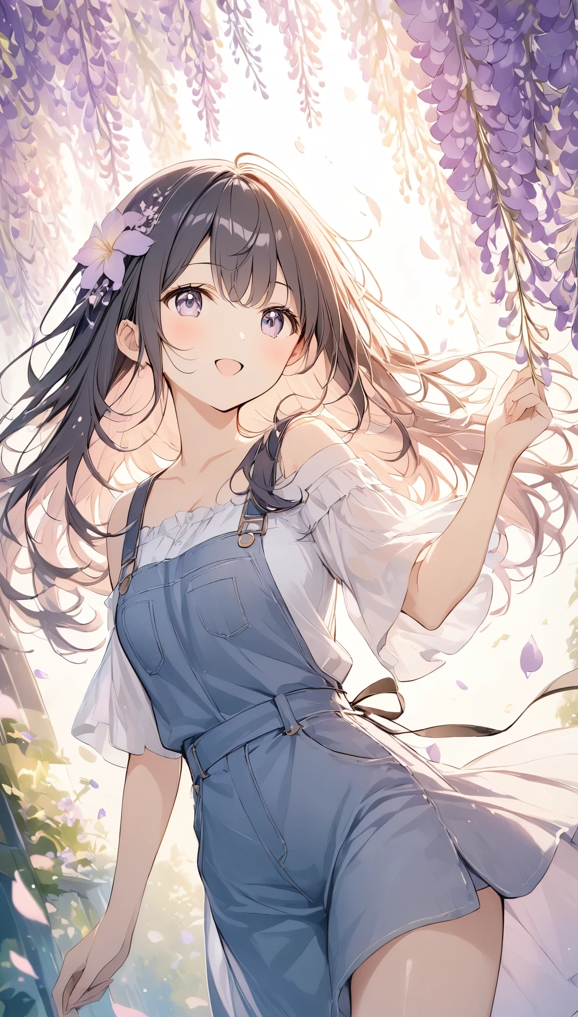 The pale lines and soft colors create a dreamy, ephemeral impression..,lens flare, overexposure, foreshortening, f/2.8, 35mm, bokeh, depth of field, cinematic lighting、Wisteria flowers in full bloom、A work with an overall purple theme、One girl、Put one hand forward、Wisteria petals falling on the palm of my hand、Flower storm、Breathtaking creations