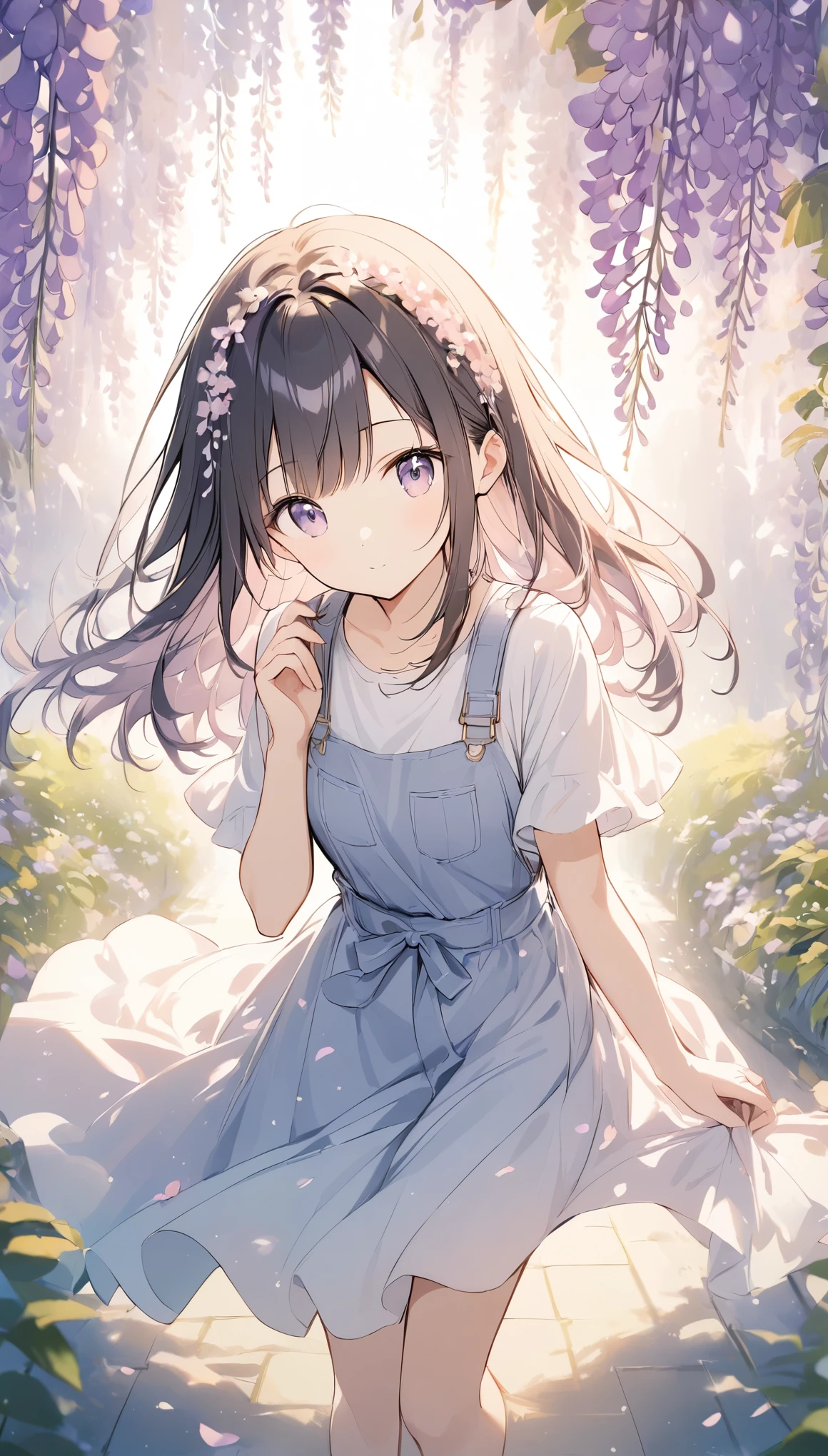 The pale lines and soft colors create a dreamy, ephemeral impression..,lens flare, overexposure, foreshortening, f/2.8, 35mm, bokeh, depth of field, cinematic lighting、Wisteria flowers in full bloom、A work with an overall purple theme、One girl、Put one hand forward、Wisteria petals falling on the palm of my hand、Flower storm、Breathtaking creations