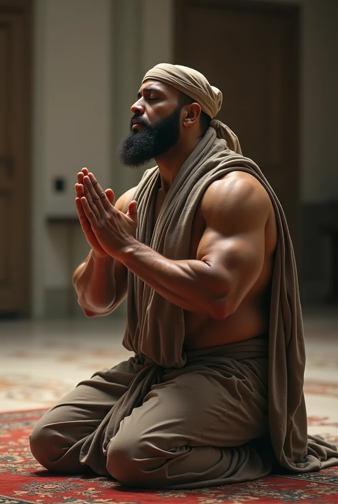 There is a strong, hairy, bearded Iranian man kneeling on a red carpet in white underwear with an Islamic cap over his head next to a small.