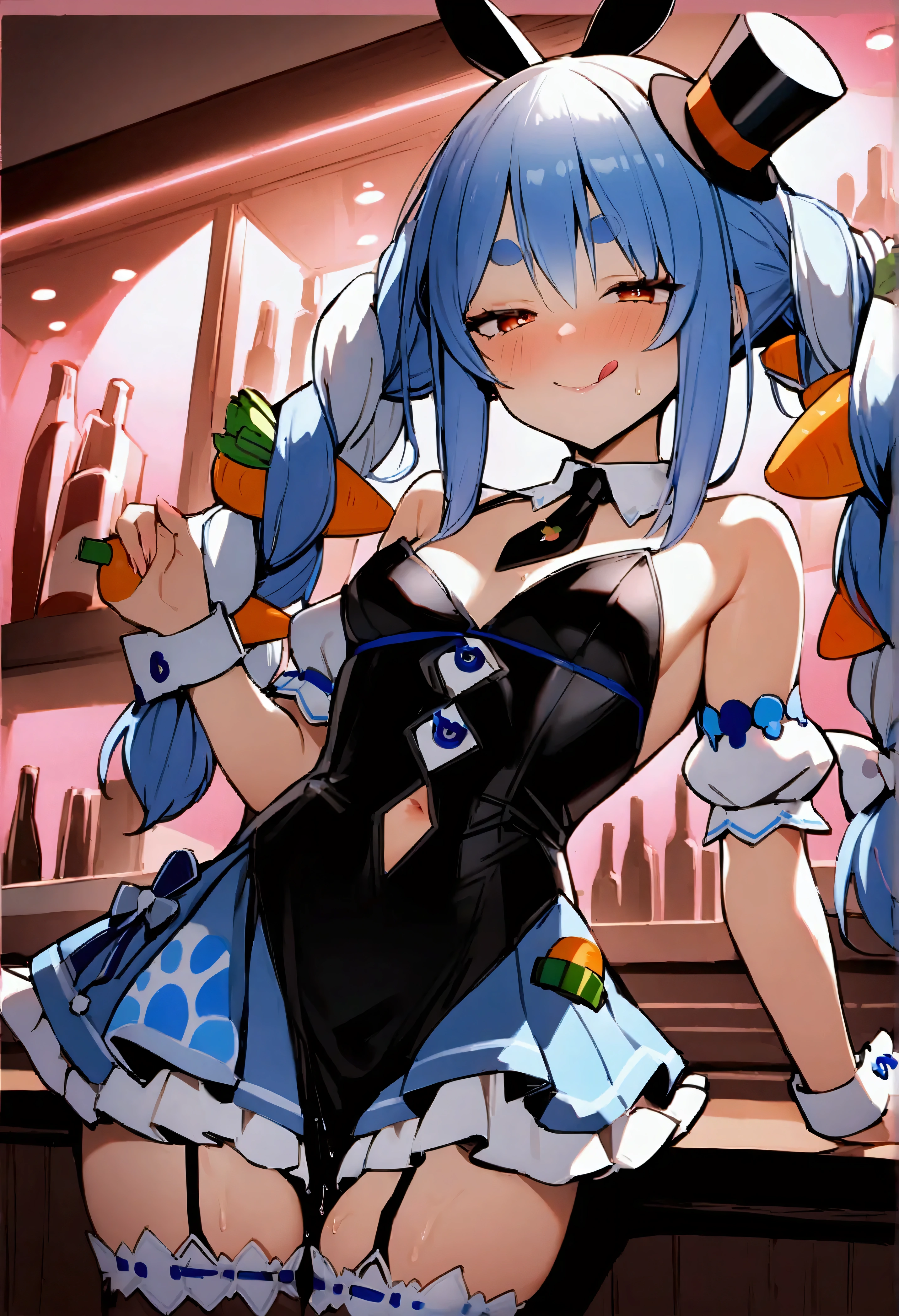 NSFW,masterpiece,Best Quality,High resolution,Very detailed,One girl,Usada Pekora\(Hololive\),Orange eyes、Thick eyebrows、False eyelashes、Black hair band、Blue Hair、Long Hair、mini top hat、Angled hat、- Detachable collar、short black tie、Black Dress、Short dress、Sleeveless dress、Center frill、Puffy short sleeves、Removable sleeves、Wrist cuffs、Blue Skirt、Fishnet stockings、Garter Straps,bar,counter,Pink lighting,Alcohol,Provocative face,Smirking face,Seduce,Sticking out tongue,Heart symbol,Skirt Lift,Sticking out your butt,My crotch is wet