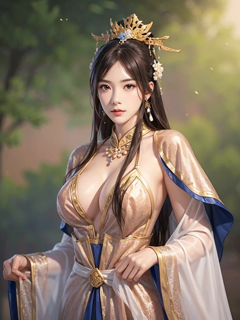 1 Woman in Han Dynasty Armor、There are exquisite patterns on the armor of the Han Dynasty、beautiful girl、Delicate body, Exquisite eyes、Long hair,、Gorgeous hair ornaments, Han Dynasty landscape、Eternal,、whole body、Three Kingdoms、 Large Breasts， Solid background, Smoky environment, Adds a touch of mystery and drama to the scene. Soft and even lighting, Cast soft shadows, Create an atmosphere of seriousness and focus.