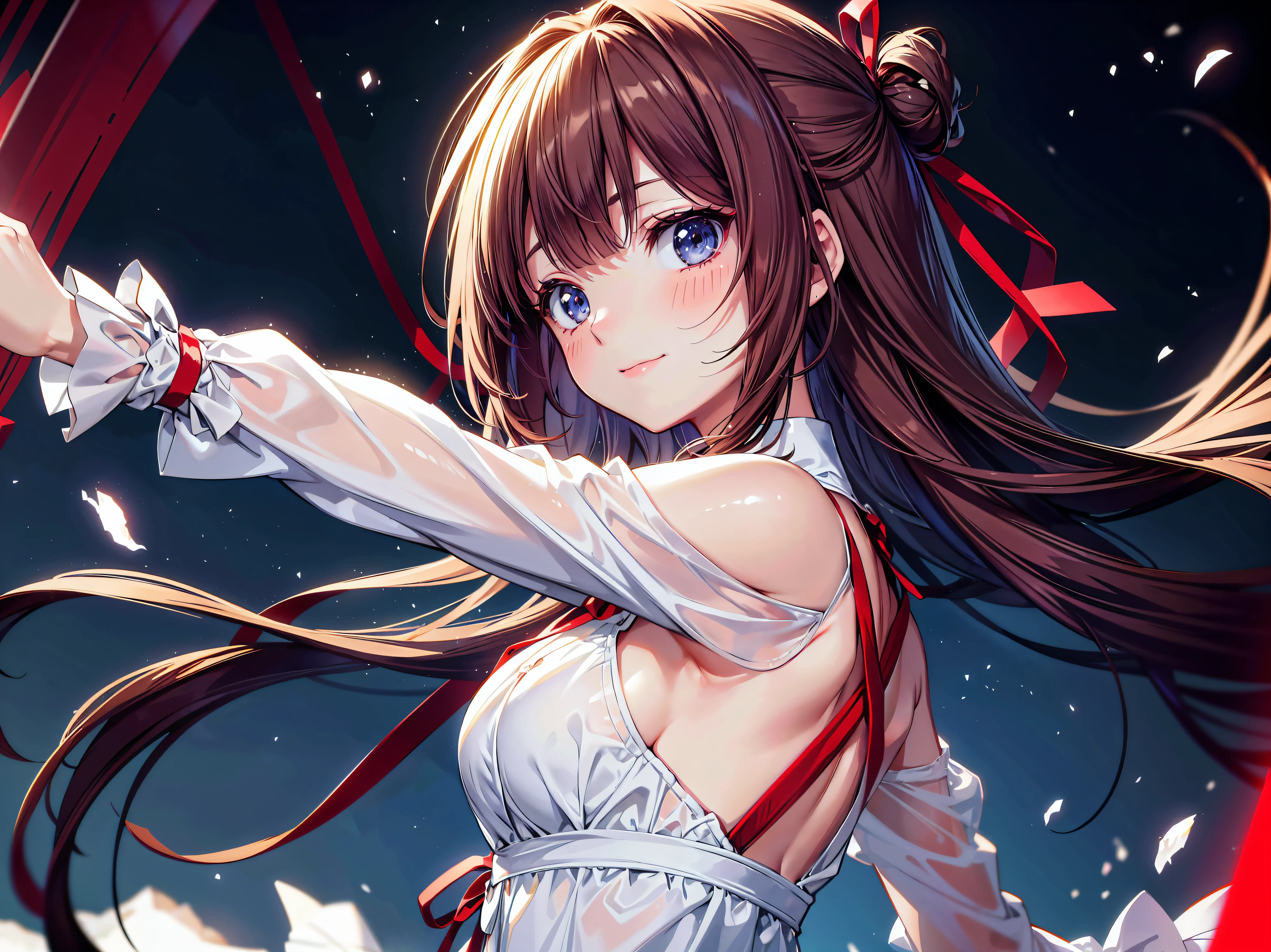 (((ultra detailed))), (((ultra resolution))), (((best quality))), solo girl, ((reaching arm)), asymmetry bangs, blue beautiful detailed eyes, red ribbon, hair ribbon, medium hair, brown hair, long sleeves, looking at viewer, (from side:1.3), from below, upper body, closed mouth, night, stars symbol, happy smile, face focus, red lips, particles effect, blurry background, depth of field, 