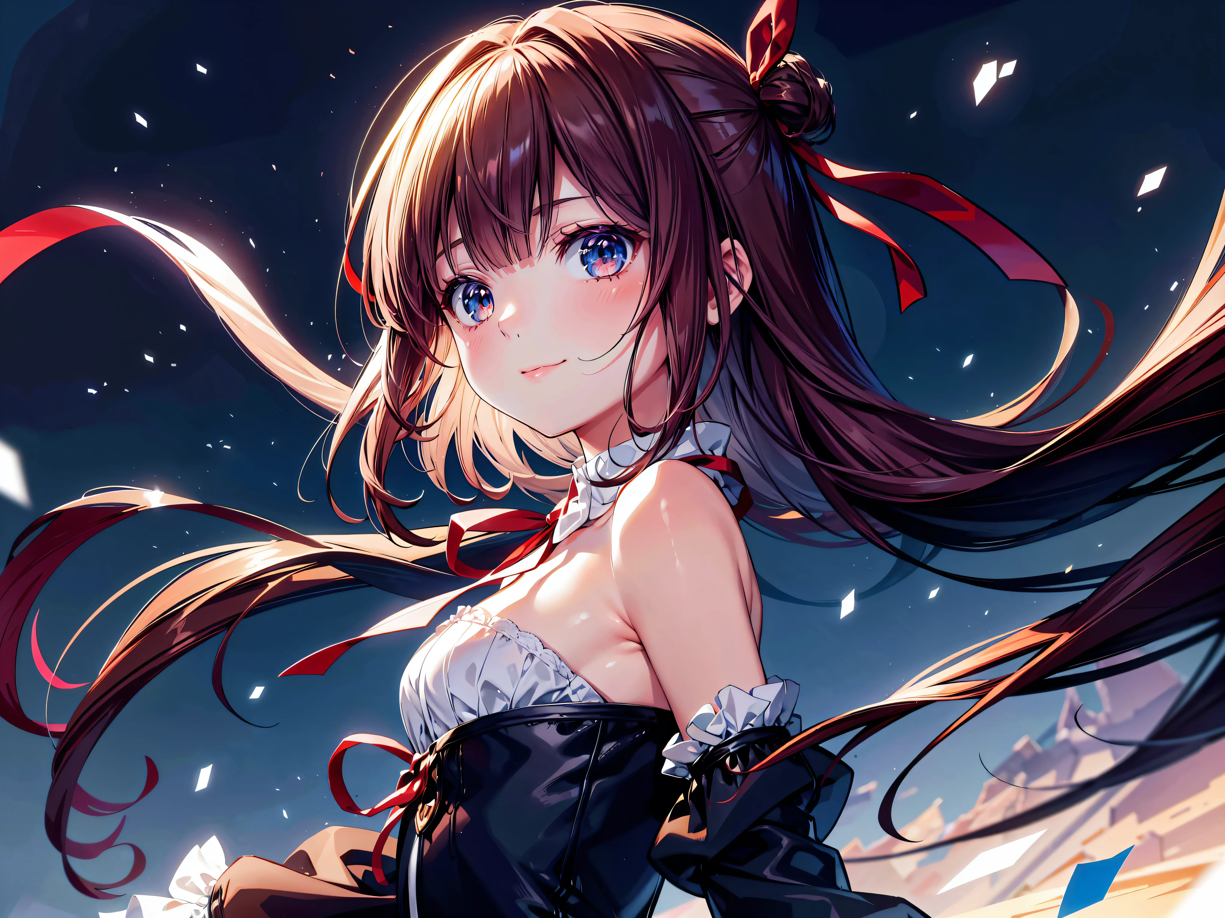 (((ultra detailed))), (((ultra resolution))), (((best quality))), solo girl, ((reaching arm)), asymmetry bangs, blue beautiful detailed eyes, red ribbon, hair ribbon, medium hair, brown hair, long sleeves, looking at viewer, (from side:1.3), from below, upper body, closed mouth, night, stars symbol, happy smile, face focus, red lips, particles effect, blurry background, depth of field, 