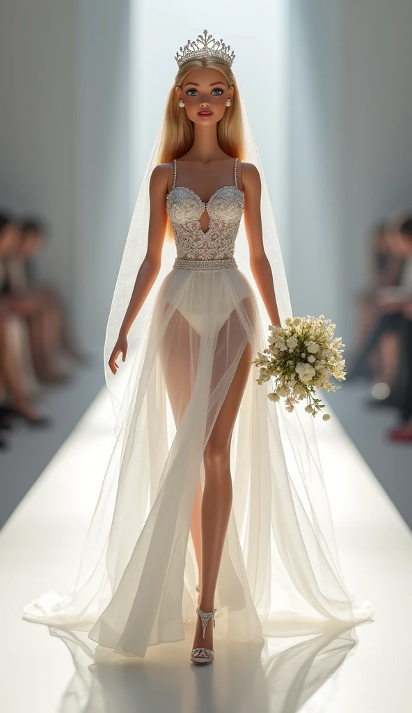 Rihanna "a majestic, Ethereal goddess with voluminous brown hair, americana、Decorated with flowy white wedding dresses, Fly gracefully above the enchanting crowds, Show off your modeling skills on epic catwalks."