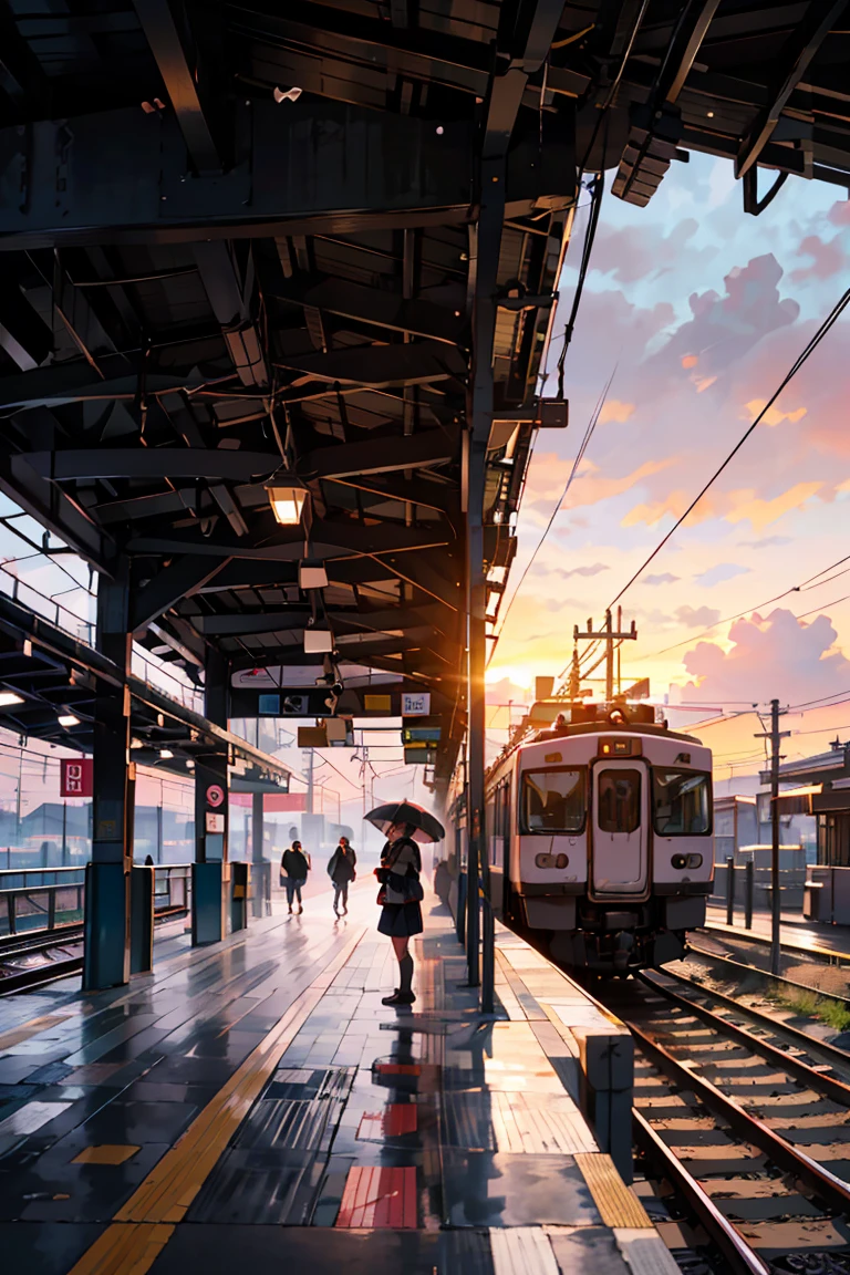 highest quality, beautiful vast plains, Lush, flower, earth, horizon, (Detailed modern station platform with a girl), cumulonimbus, Sunset, sudden rain, eki platform, shinkai makoto