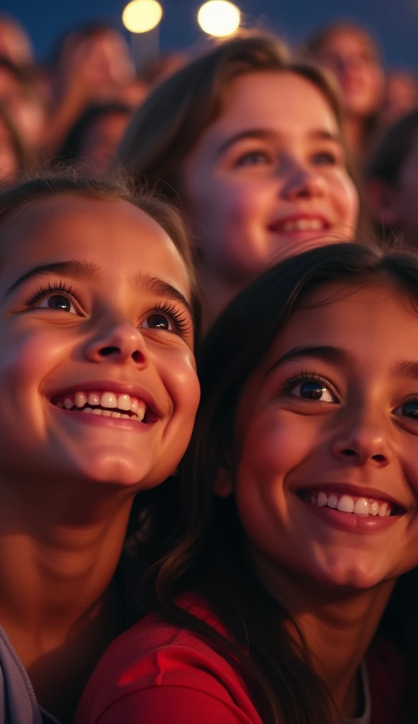 a close-up shot of children's faces, expressions of joy and astonishment, children witnessing a magician's performance, detailed facial features, realistic skin textures, vivid colors, dramatic lighting, cinematic composition, (best quality,4k,8k,highres,masterpiece:1.2),ultra-detailed,(realistic,photorealistic,photo-realistic:1.37),high quality, cinematic portrait, dynamic angles, magical realism